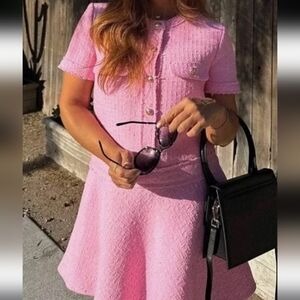 Zara Women's Pink Gold Buttoned Bouclé Tweed Dress w/ side pockets -small